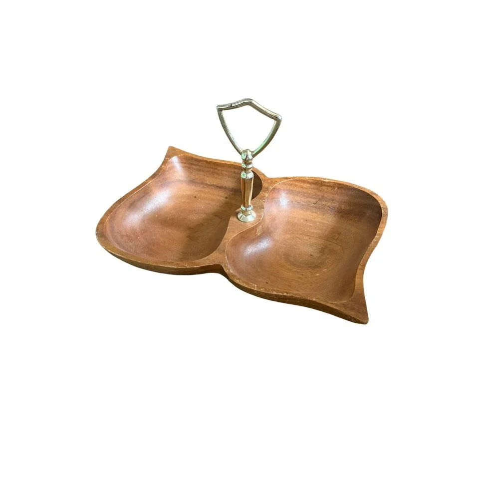 Vintage Wooden Leaf Double Serving Tray with Gold Handle Divided Snack Dish